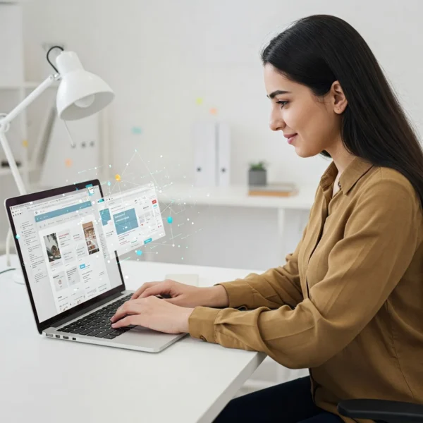 a girl is seated comfortably at a clean, modern desk