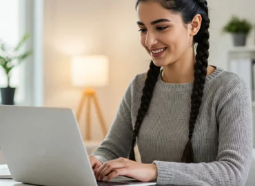 A photorealistic image of an iranian happy young girl working intently on a laptop at a clean, modern desk.