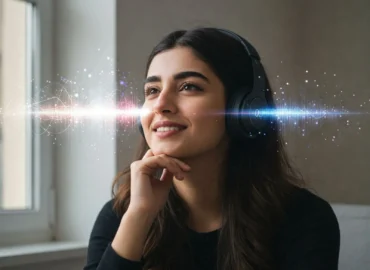 young girl wearing headphone happyily