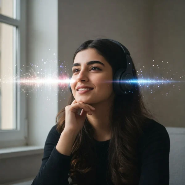 young girl wearing headphone happyily