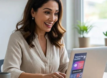 looking curious and excited while using a laptop