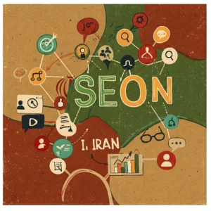 تصاویری انتزاعی که سئو (بهینه‌سازی موتورهای جستجو) در ایران را نشان می‌دهد: نوشتن صمیمی، شبکه‌های اجتماعی، اعتمادسازی، بدون نمایش چهره.