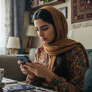 تصویری از یک دختر نوجوان ایرانی با حجاب قهوه‌ای که با تمرکز و علاقه به صفحه گوشی خود نگاه می‌کند. یک تبلت طراحی دیجیتال با طرح‌های رنگارنگ و یک فنجان نوشیدنی روی میز کنار او قرار دارند، که نشان‌دهنده فعالیت هنری و آنلاین او است. پس‌زمینه یک فضای داخلی منزل با مبلمان و عناصر دکوراتیو ایرانی دیده می‌شود